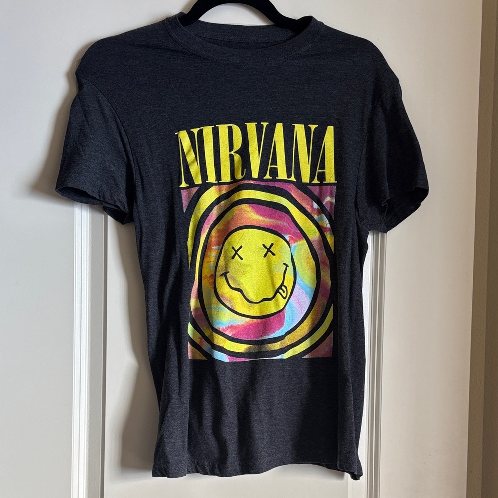 NIRVANA Black Tee with Vibrant Smiley Design